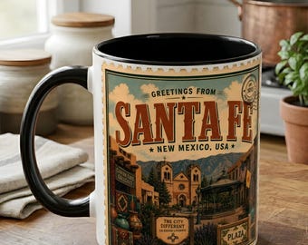Taza de café con sello vintage de Santa Fe / Viaje retro a Nuevo México / Taza de 11 x 15 oz