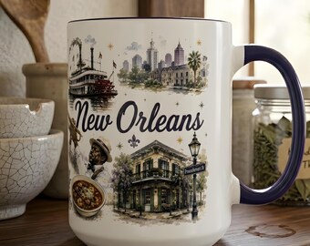 Taza con diseño de acuarela de Nueva Orleans / Barrio Francés y lugares emblemáticos de NOLA / 11, 15 oz