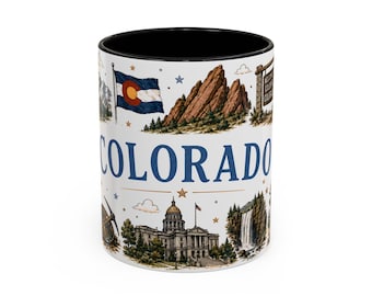 Taza con iconos del estado de Colorado / Taza de café decorativa (11 oz, 15 oz)