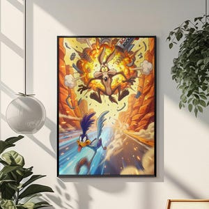May include: Framed cartoon art print featuring Wile E. Coyote and the Road Runner. The Road Runner speeds away from the explosion caused by the Coyote's rocket. The artwork is set against a desert canyon backdrop with vibrant colors.