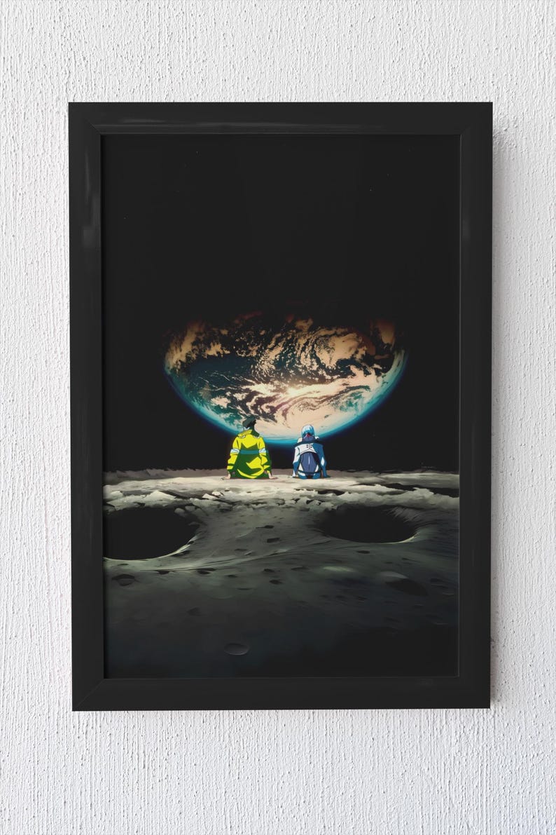 May include: A framed rectangular wall art print featuring an anime-style illustration of two figures sitting on a cratered lunar surface, looking out at a glowing Earth against a deep black space background, enclosed in a simple black frame.