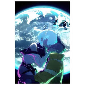 Póster de Cyberpunk Edgerunners / Arte mural de escena de beso de anime / Lámina con estética de ciudad nocturna neón / Decoración de videojuegos futuristas / Regalo para fans del anime imagen 5