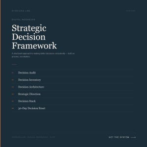 Könnte beinhalten: Ein digitales Arbeitsbuch mit dem Titel "Strategic Decision Framework" auf dunkelblaugrünem Hintergrund. Der Text enthält einen strukturierten Ansatz zur besseren Entscheidungsfindung. Das Arbeitsbuch listet Themen wie Decision Audit, Inventory, Architecture und Direction auf.