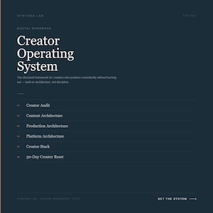 Puede incluir: Cuaderno de trabajo digital titulado "Creator Operating System" de Synvora Lab. La cubierta de color verde oscuro presenta texto blanco, incluido el título y una descripción del marco para creadores. El cuaderno enumera temas como Creator Audit.