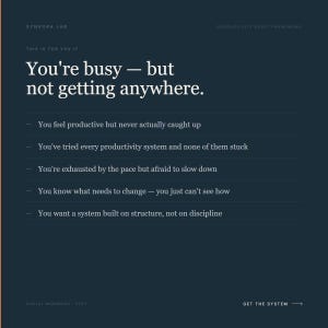 May include: Dark teal graphic with white text. The text reads "You're busy - but not getting anywhere." Additional text lists common productivity struggles. The Synvora Lab logo is at the top, with "Productivity Reset Framework" and "Get the System" at the bottom.
