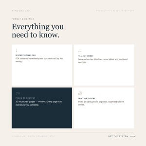 May include: A digital workbook layout with the text "Everything you need to know." The layout includes sections on instant download, fill-in format, 20 pages of content, and print or digital options. The design is minimalist with a neutral colour palette.