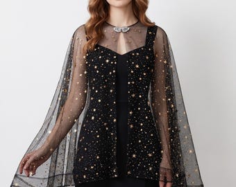 Capa de casamento irregular com estrela dourada celestial, xale transparente Noite Estrelada, bolero gótico para noiva com fecho de strass, alternativa ao véu de noiva bruxo