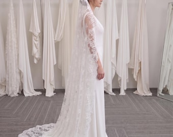 Véu Boho Bege com Renda para Casamento: Mantilha Hijab Toda em Renda, Comprimento Capela, 4 Cores
