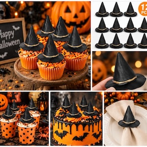 May include: A set of 12 black witch hat toppers with a gold band, shown decorating orange frosted cupcakes, a cake with black bat silhouettes, and a napkin ring. The hats are conical with a wide brim and are used as festive party decorations.