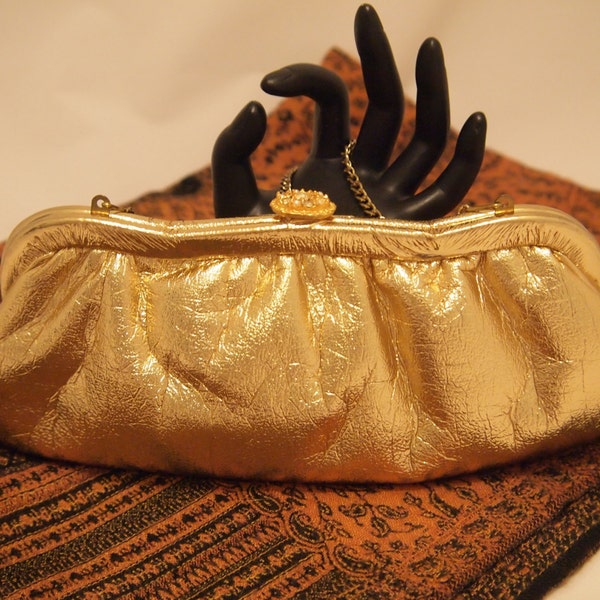 Vintage Evening Bag Clutch Purse - Metallic Gold Faux Leather - Gold Plated Pearl & Rhinestone Clasp - Black Satin Lining - 11" x 4.5"