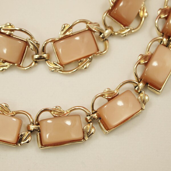 Vintage CORO Necklace Bracelet Set - Mocha Moonstone Thermoset Stones - Leaf Motif - Gold Plated Cast Metal Link Frames - Fold Over Clasp