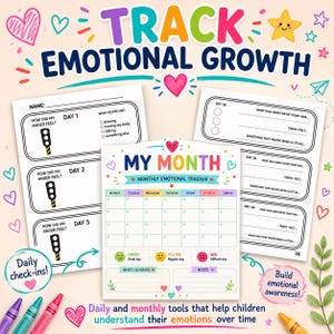 Puede incluir: Un conjunto de hojas impresas para el seguimiento del crecimiento emocional que incluyen un calendario mensual, registros diarios con iconos de semáforos y ejercicios de escritura, decorados con corazones y el texto TRACK EMOTIONAL GROWTH.