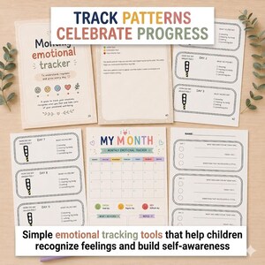 Puede incluir: Un conjunto de páginas impresas de seguimiento emocional con el texto TRACK PATTERNS CELEBRATE PROGRESS y MY MONTH. Las páginas incluyen registros diarios con iconos de semáforos, casillas de verificación y una cuadrícula de calendario mensual.