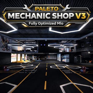 Może przedstawiać: Wnętrze warsztatu samochodowego z napisem "PALETO MECHANIC SHOP V3" w kolorze czarnym, złotym i białym. Warsztat ma czarną podłogę z żółtymi i białymi oznaczeniami oraz geometryczne oświetlenie sufitowe.