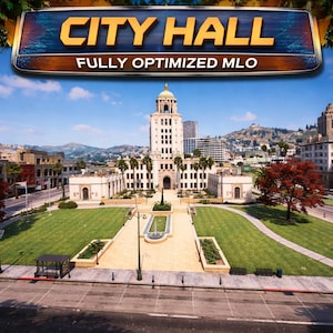 Può includere: Immagine di un municipio con un grande prato e una fontana di fronte. L'edificio è bianco con un'alta torre. Il testo "CITY HALL" e "FULLY OPTIMIZED MLO" è visualizzato nella parte superiore dell'immagine.