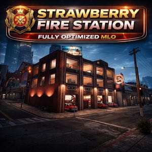 May include: An exterior view of the Strawberry Fire Station, a brick building with multiple windows and garage bays. The image features the text "Strawberry Fire Station" and "Fully Optimized MLO" in a stylized banner. Red fire trucks are parked in the bays.