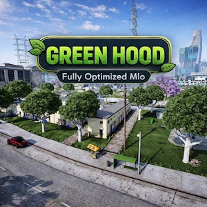 May include: An aerial view of a residential area with the text "GREEN HOOD Fully Optimized MLo" in a green and yellow banner. The scene includes buildings, trees, a red vehicle, and a green bench. The sky is blue with clouds.