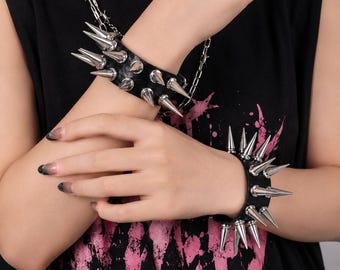 Spiked Leather Punk Bracelet for Men & Women, Black Gothic Cuff, Rock Metal Wristband, Alternative Fashion Accessory