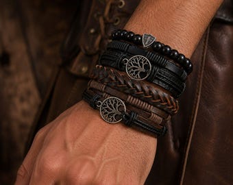 Genuine Leather Tree of Life Bracelet Set for Men & Women – Tiger Eye Stone Beaded Bracelet, Lava Rock Viking Jewelry, Adjustable Bracelet