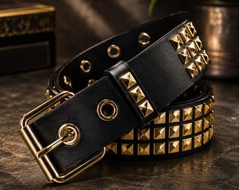 Studded Punk Belt for Men and Women – Black Leather Rivet Waist Belt, Gothic Emo Rock Festival Fashion Accessory, Alternative Punk Fashion