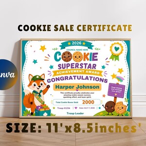 Può includere: Un certificato di vendita di biscotti rettangolare che misura 11 per 8,5 pollici. Il design presenta una volpe dei cartoni animati, biscotti sorridenti, stelle e testo tra cui Cookie Superstar Achievement Award e Harper Johnson.