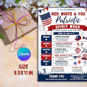 Könnte beinhalten: Ein rechteckiger Flyer mit dem Titel Red, White & You Patriotic Spirit Week, der tägliche Themen von Montag bis Freitag mit Symbolen wie einer Flagge, einem Hut und einer Sonnenbrille auflistet. Der Flyer misst 8,5x11 Zoll und enthält Text.