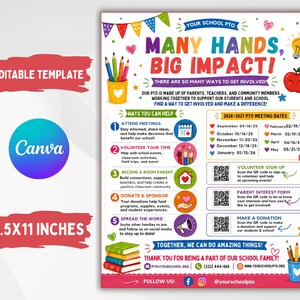 Op de afbeelding: Een kleurrijke 8,5x11 inch school PTO flyer sjabloon met de tekst Many Hands, Big Impact. Het bevat secties over manieren om te helpen, vergaderdata voor 2026-2027, QR-codes voor aanmeldingen en illustraties van potloden, boeken en een appel.