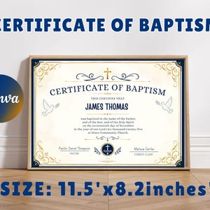 Può includere: Un certificato di battesimo di 29,2 per 20,8 cm, con testo blu scuro, bordi decorativi dorati, una croce centrale e due colombe. Il testo riporta James Thomas, la data 17 novembre 2025 e Grace Community Church.
