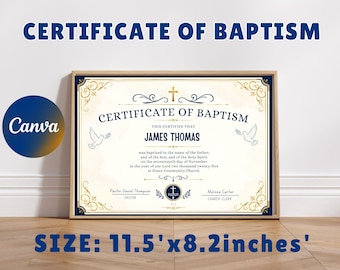 Modello di certificato di battesimo modificabile, certificato di battesimo stampabile, certificati di battesimo personalizzati per neonati, modello di chiesa Canva