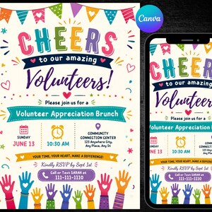 May include: A volunteer appreciation brunch invitation flyer and mobile phone display featuring colourful bunting, the text CHEERS to our amazing Volunteers!, event details for June 13 at 10:30 AM, and a bottom border of raised hands with heart icons.
