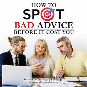 May include: A graphic with the text HOW TO SPOT BAD ADVICE BEFORE IT COST YOU and a target icon. Below, three people are seated at a table with a laptop, a smartphone, and a notebook. The text at the bottom reads Written by Professor Knowledge.