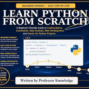 Può includere: Un poster educativo blu scuro intitolato Learn Python From Scratch. Presenta un frammento di codice, il logo Python e una tabella di marcia in sei fasi, dalla configurazione al successo, per apprendere le basi della programmazione e dei progetti.