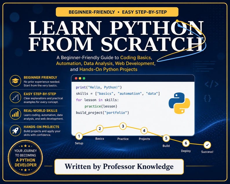 Pu&ograve; includere: Un poster educativo blu scuro intitolato Learn Python From Scratch. Presenta un frammento di codice, il logo Python e una tabella di marcia in sei fasi, dalla configurazione al successo, per apprendere le basi della programmazione e dei progetti.