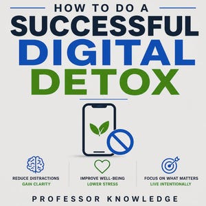 Może przedstawiać: Grafika cyfrowa zatytułowana HOW TO DO A SUCCESSFUL DIGITAL DETOX. Zawiera ikonę smartfona z liściem i symbolem zakazu. Poniżej znajdują się trzy ikony: mózg, serce i tarcza, wraz z tekstem PROFESSOR KNOWLEDGE oraz innymi napisami w języku angielskim.