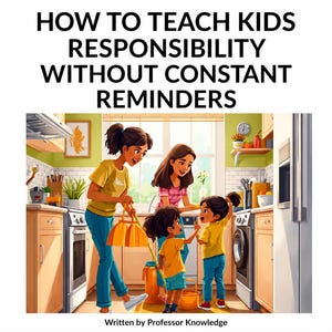 May include: A digital illustration titled HOW TO TEACH KIDS RESPONSIBILITY WITHOUT CONSTANT REMINDERS by Professor Knowledge, showing two adults and two children cleaning a kitchen with yellow shirts, blue jeans, and cleaning supplies.