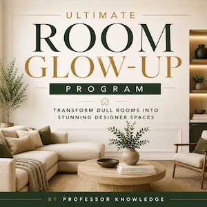 Pode incluir: Um gráfico digital intitulado ULTIMATE ROOM GLOW-UP PROGRAM BY PROFESSOR KNOWLEDGE apresentando um sofá seccional bege, uma mesa de centro de madeira com livros e uma planta, e uma poltrona em uma sala com prateleiras decoradas.