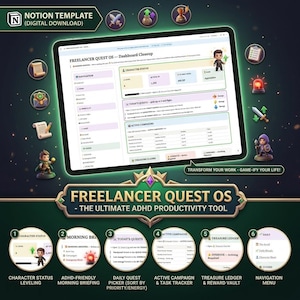 Gamifizierter ADHS-Notion-Planer 2026 | Produktivitätssystem für Freelancer | Quest-Log, Gewohnheitstracker, Brainstorming | Steigere deine Arbeitsleistung