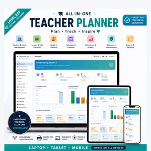Teacher Planner Digital Download, HTML Lesson Planner App with Gradebook Attendance IEP Tracker Seating Chart, Classroom Organizer Tool