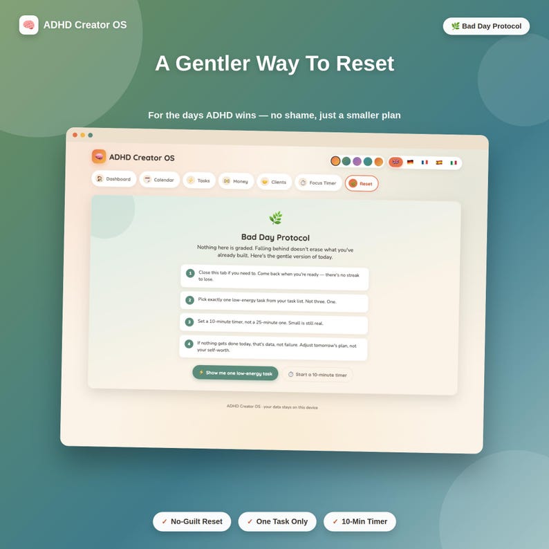 May include: A digital interface titled ADHD Creator OS displaying a Bad Day Protocol page. The screen features a navigation bar with icons, a list of four numbered steps for task management, and a button labeled Show me one low-energy task.