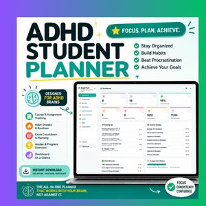 Pode incluir: Um planejador digital para estudantes com TDAH exibido na tela de um laptop, com um painel para rastreamento de tarefas, hábitos e notas. O gráfico inclui texto como ADHD STUDENT PLANNER, FOCUS. PLAN. ACHIEVE. e DESIGNED FOR ADHD BRAINS.