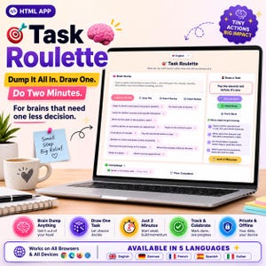 May include: A laptop displaying the Task Roulette web application interface, featuring a brain dump list, task drawing options, and micro-step guides. The screen shows text including Task Roulette, Brain Dump, and Pay the electric bill before it's late.