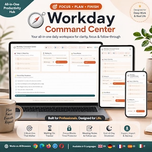 May include: A digital productivity dashboard titled Workday Command Center displayed on a laptop, tablet, and smartphone. The interface features sections for Today's 3 Must-Dos, Waiting On, Focus Blocks, and End-of-Day Shutdown, with a compass icon.