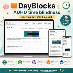 Może przedstawiać: Cyfrowy interfejs oprogramowania DayBlocks wyświetlany na laptopie, tablecie i smartfonie. Ekran pokazuje harmonogram bloków czasowych z kolorowymi segmentami, etykietami tekstowymi i ikoną zegara. Układ zawiera nagłówki, kategorie zadań oraz tekst objaśniający funkcje zarządzania czasem.
