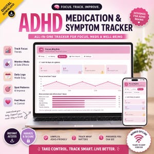 May include: A digital ADHD medication and symptom tracker displayed on a laptop and smartphone screen. The interface features pink and white color schemes with charts, graphs, and text labels for tracking focus, medication side effects, and daily logs.