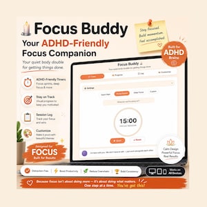 ADHD Body Doubling Timer, Focus Session App for ADHD & AuDHD, Customizable Digital Pomodoro Timer, Task Initiation Tool, Instant Download