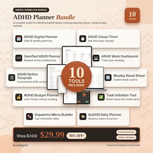 Könnte beinhalten: Ein digitales Download-Paket mit dem Titel ADHD Planner Bundle, das 10 Werkzeuge für Planung, Fokus und Routinen enthält. Die Grafik zeigt Symbole und Text für einen digitalen ADHD-Planer, visuellen Timer, spielerischen Planer, Arbeits-Dashboard, Notion-Vorlage, wöchentliches Reset-Ritual, Budgetplaner, Aufgaben-Initiierungstool, Dopamin-Menü-Builder und einen täglichen AuDHD-Planer.