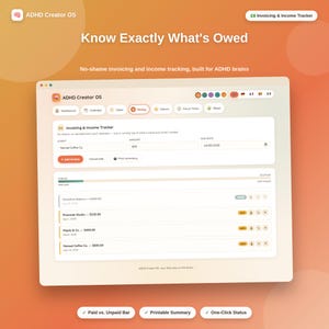 May include: A digital interface titled ADHD Creator OS featuring an Invoicing & Income Tracker. The screen displays client names, amounts, and due dates, with a progress bar for total paid versus total unpaid income and status buttons.