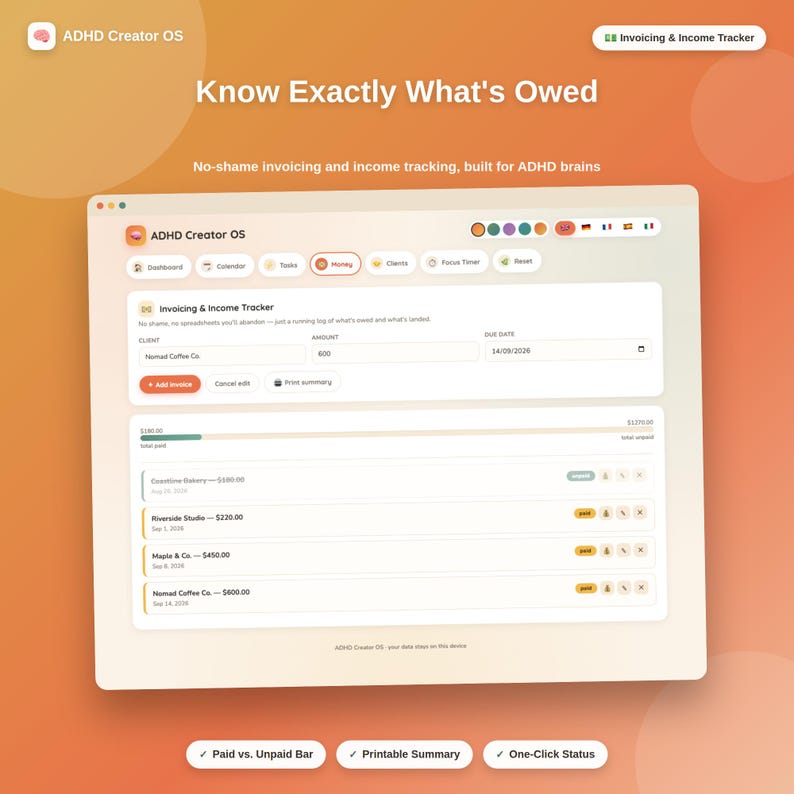 May include: A digital interface titled ADHD Creator OS featuring an Invoicing & Income Tracker. The screen displays client names, amounts, and due dates, with a progress bar for total paid versus total unpaid income and status buttons.