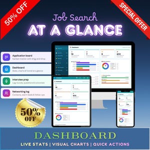 May include: A digital job search dashboard displayed on a computer monitor, tablet, and smartphone. The interface features an application board, interview prep, and networking log with charts and stats. Text includes Job Search AT A GLANCE.