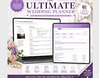 May include: A digital wedding planner displayed on a laptop and tablet screen, titled The Ultimate Wedding Planner. The interface features sections for budget, guest lists, vendors, and timelines. Includes icons for tracking, planning, and organization.